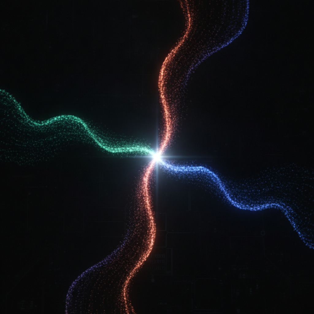Trois flux de particules colorés convergeant en un point lumineux